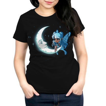 Premium Cotton T-shirt - Person wearing a super soft ringspun cotton black apparel featuring a cartoon image of a celestial fairy with blue hair sitting on a crescent moon with a face, against a starry night background. The apparel is called "Celestial Fairy" by monsterdigital.