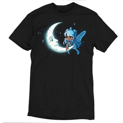 Premium Cotton T-shirt - Black apparel featuring a design of a Celestial Fairy with blue hair sitting on a crescent moon with a face, surrounded by stars. Made from super soft ringspun cotton for extra comfort. The product name is Celestial Fairy and the brand name is monsterdigital.
