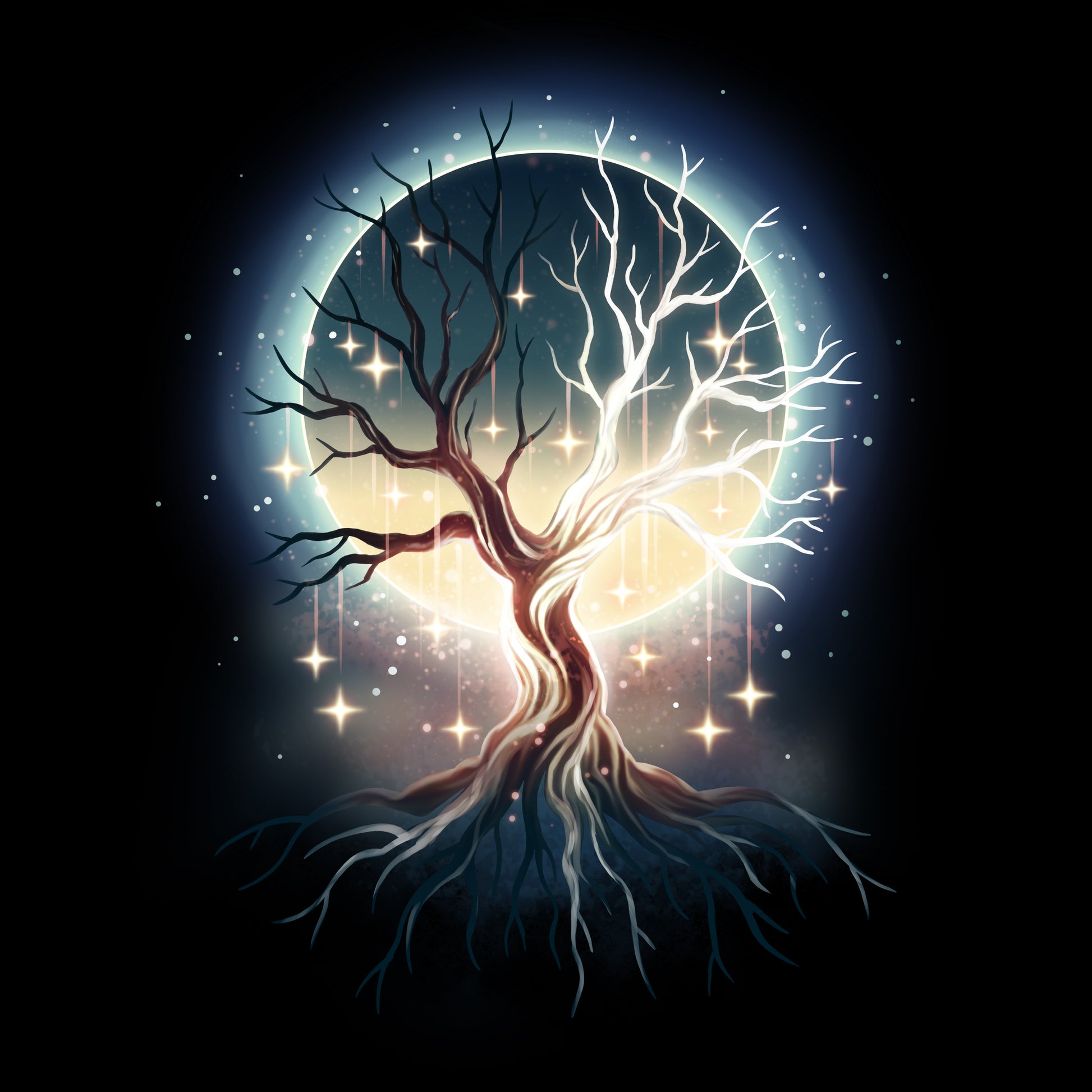 Premium Cotton T-shirt_TeeTurtle black Celestial Tree t-shirt featuring a floating tree with roots exposed with stars hanging from its branches and a full moon that can be seen in the background through the tree’s branches.