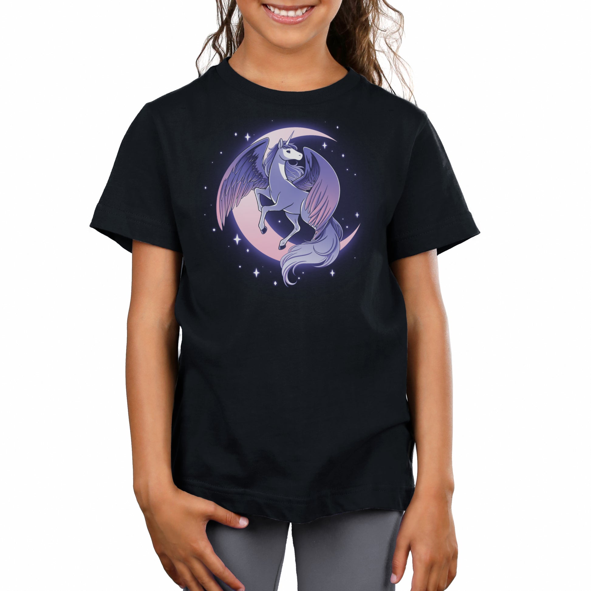 Premium Cotton T-shirt_TeeTurtle Celestial Winged Unicorn black t-shirt featuring a celestial winged unicorn with a crescent moon in the background.