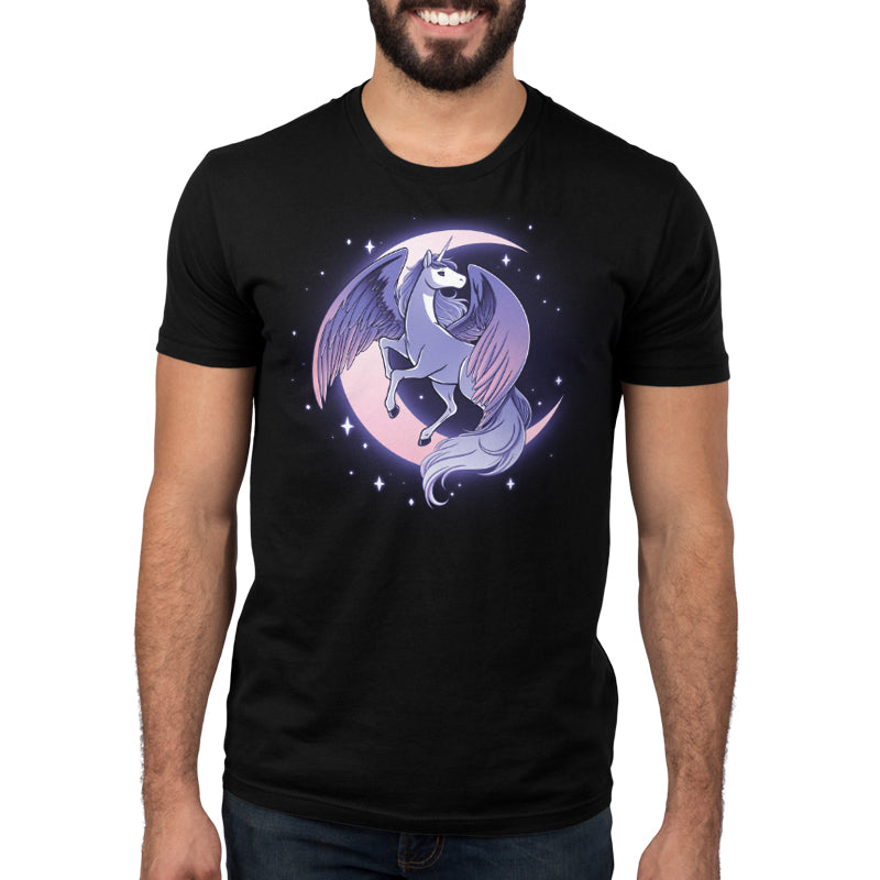 Premium Cotton T-shirt_TeeTurtle Celestial Winged Unicorn black t-shirt featuring a celestial winged unicorn with a crescent moon in the background.