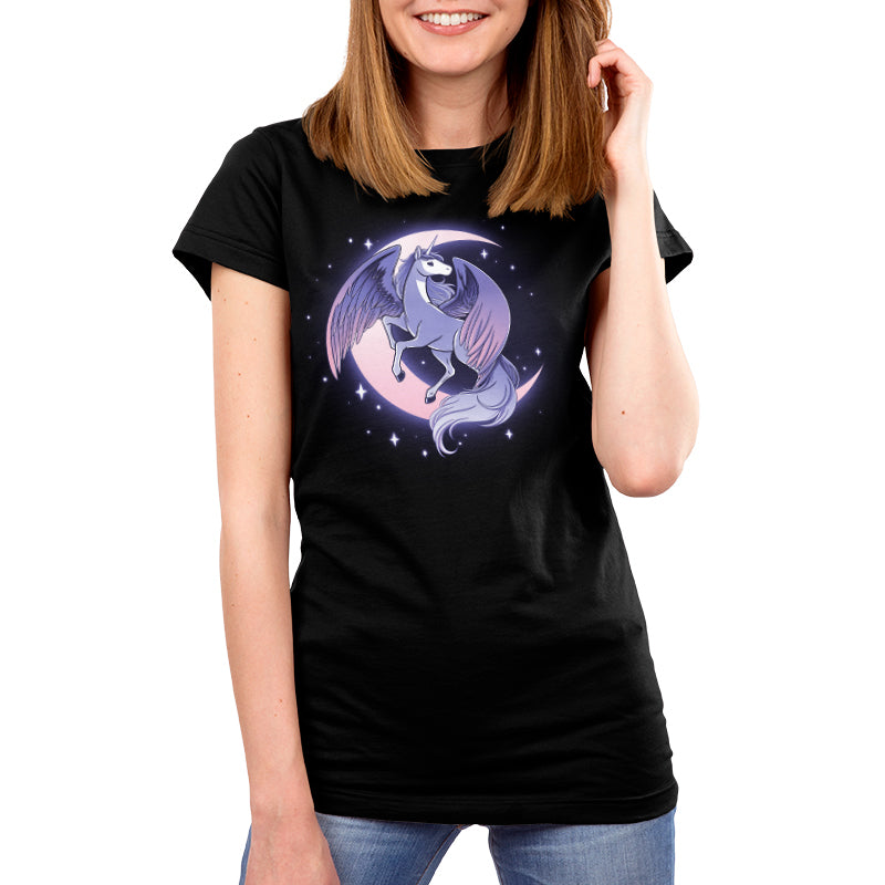 Premium Cotton T-shirt_TeeTurtle Celestial Winged Unicorn black t-shirt featuring a celestial winged unicorn with a crescent moon in the background.