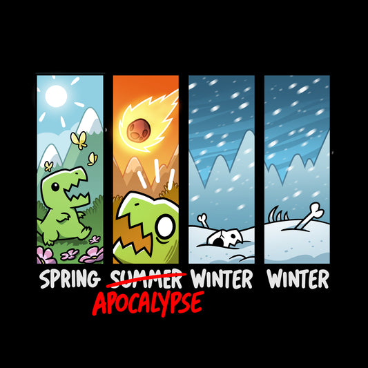 Premium Cotton T-shirt_TeeTurtle black Changing of the Seasons. Featuring a t-rex experiencing the changing seasons of spring, apocalypse, winter, and winter.