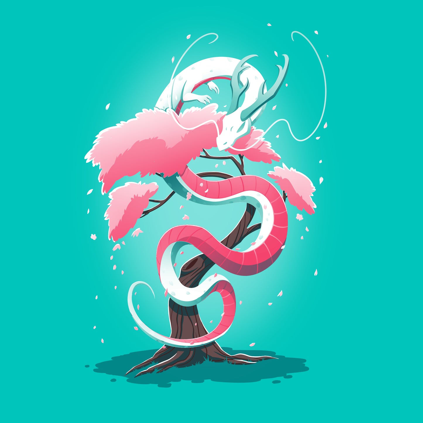 Illustration of a Cherry Blossom Dragon, its white and pink scales coiled around a flowering cherry blossom tree, against a rich, teal background. Perfect for a monsterdigital Caribbean Blue T-shirt made from super soft ringspun cotton.
