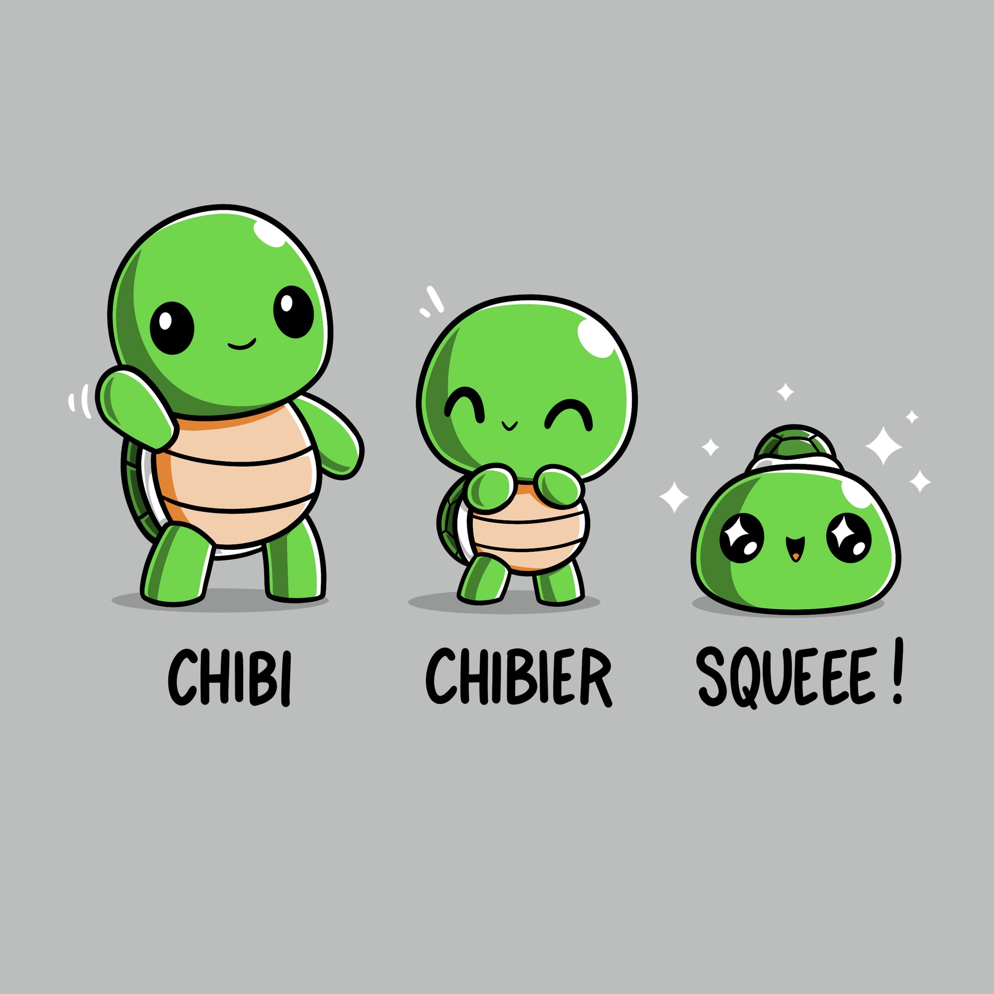 Premium Cotton T-shirt - Three cartoon turtle figures labeled "Chibi," "Chibier," and "Squeee!" show varying levels of cuteness with increasing roundness and sparkling effects on a super soft ringspun cotton monsterdigital apparel.