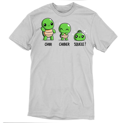 Premium Cotton T-shirt - Grey monsterdigital apparel featuring three green cartoon characters labeled "Chibi," "Chibier," and "Squeee!" in increasing order of size from left to right, made from super soft ringspun cotton.