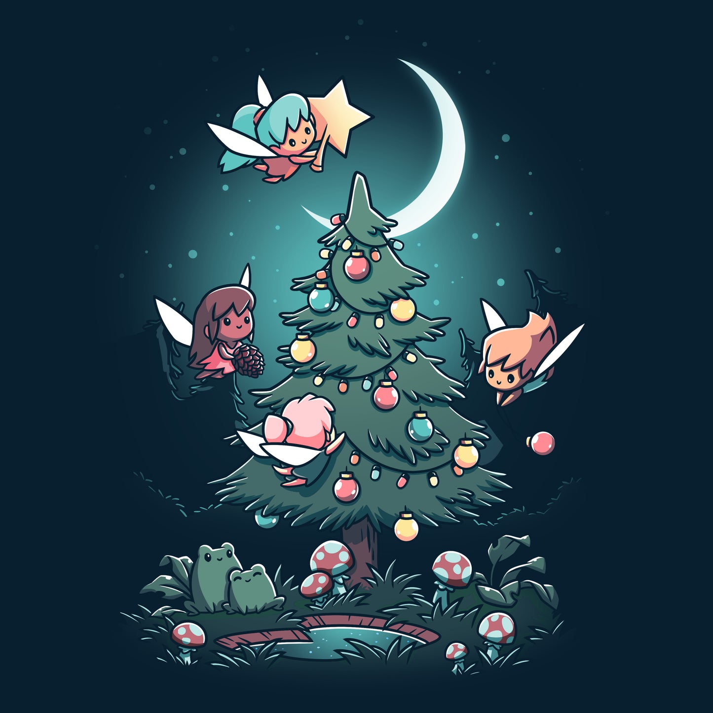 Premium Cotton T-shirt - featuring four little Christmas fairies flying around a tree in the woods decorating it with lights and ornaments