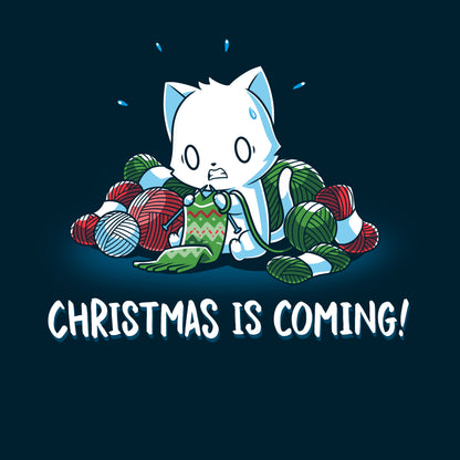 Premium Cotton T-shirt_TeeTurtle Christmas is Coming! navy blue t-shirt featuring an anxious cat that is crafting gifts for Christmas