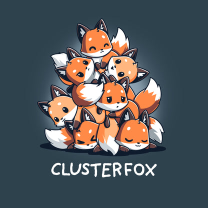 A group of cute, cartoon foxes are huddled together in a pyramid shape, with the word "Clusterfox" written below them on a dark background. This design is featured on a super soft ringspun cotton, denim blue t-shirt by monsterdigital for ultimate comfort and style.