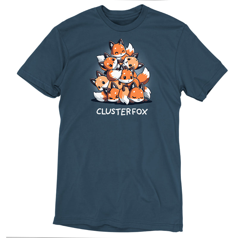 A super soft ringspun cotton, denim blue T-shirt featuring an illustration of nine cute cartoon foxes stacked in a pyramid shape with the text "CLUSTERFOX" below them is available as Clusterfox by monsterdigital.