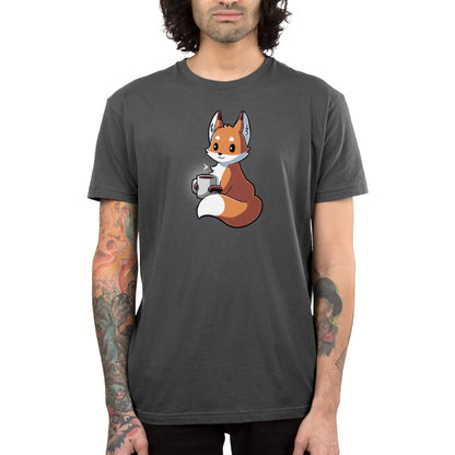 Premium Cotton T-shirt_TeeTurtle Coffee Fox charcoal gray t-shirt featuring a content fox holding a large mug of coffee.