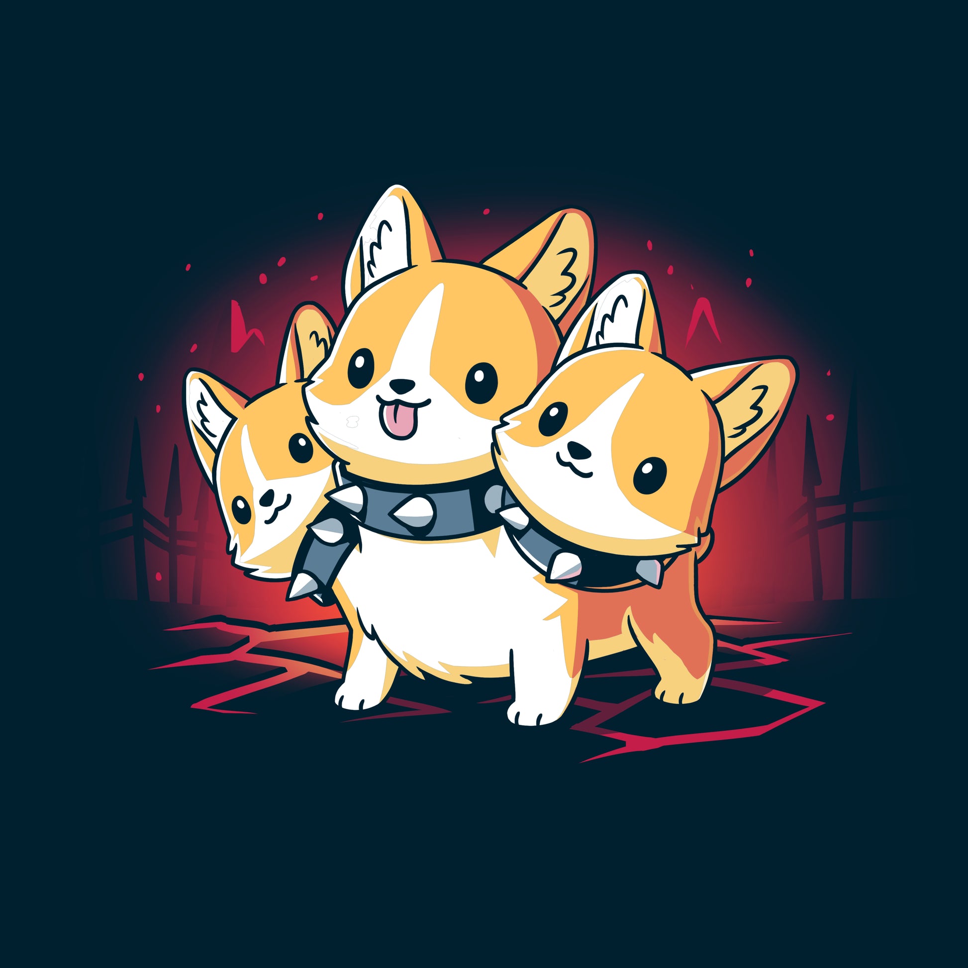 A cartoon depiction of a Corgi Cerberus with three heads wearing a spiked collar, set against a dark, eerie background with red highlights. The design is printed on the monsterdigital Corgi Cerberus navy blue t-shirt made from super soft ringspun cotton for ultimate comfort.