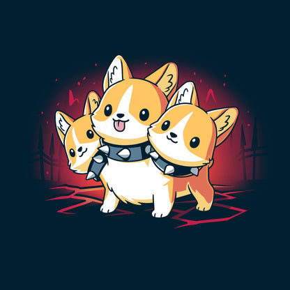 A cartoon depiction of a Corgi Cerberus with three heads wearing a spiked collar, set against a dark, eerie background with red highlights. The design is printed on the monsterdigital Corgi Cerberus navy blue t-shirt made from super soft ringspun cotton for ultimate comfort.