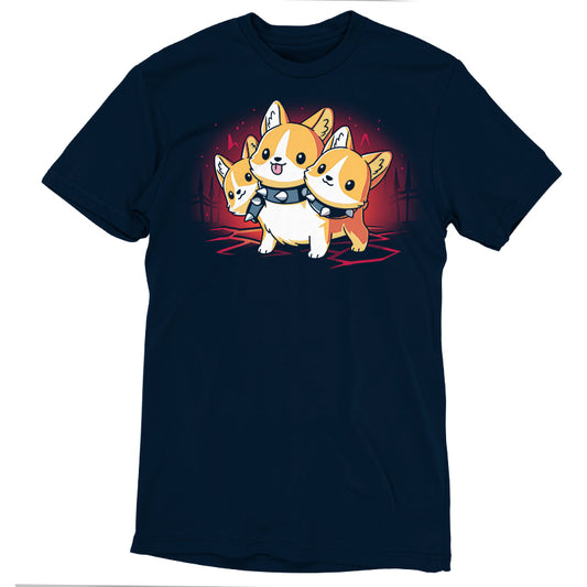 Navy blue t-shirt featuring a cartoon illustration of a Corgi Cerberus standing on a red floor, crafted from super soft ringspun cotton for ultimate comfort. The Corgi Cerberus by monsterdigital offers both style and comfort.