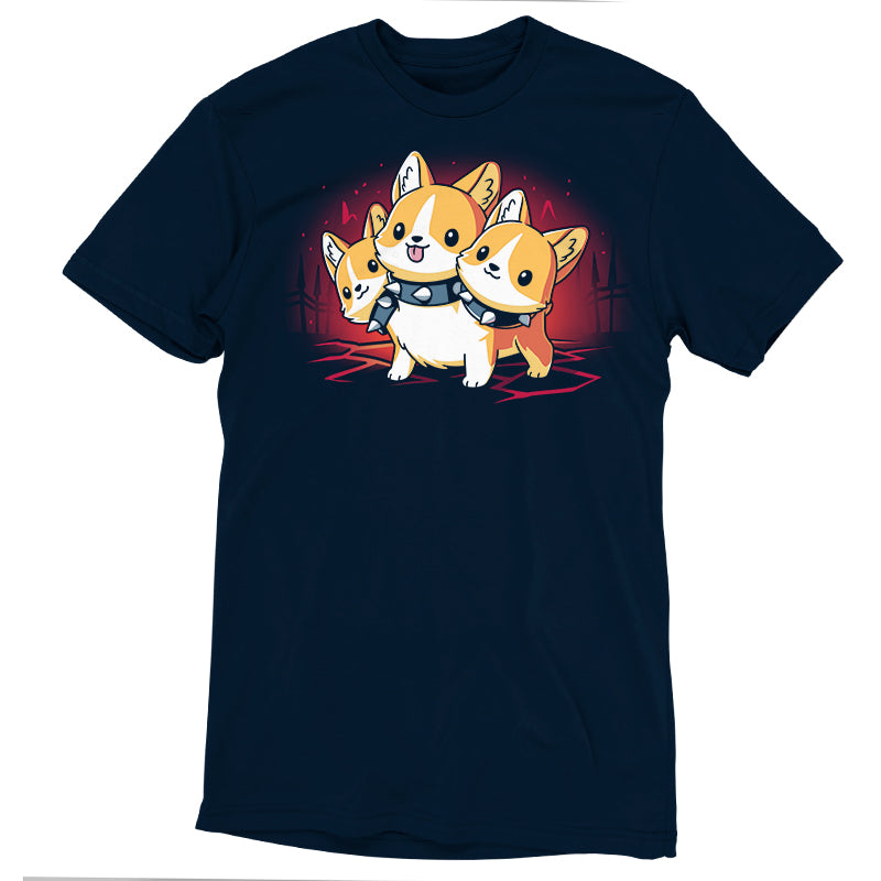 Premium Cotton T-shirt_TeeTurtle navy blue Corgi Cerberus. Featuring a corgi wearing a spiked collar with three heads.