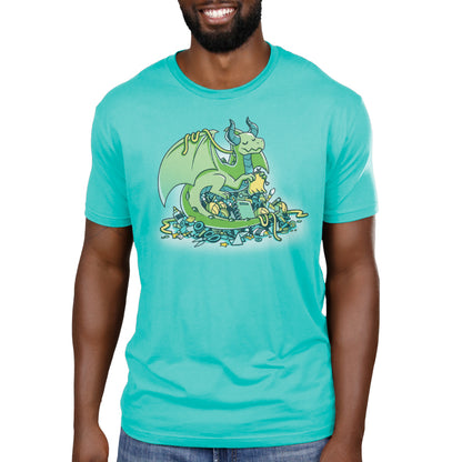 Premium Cotton T-shirt_TeeTurtle Craft Hoarder caribbean blue t-shirt featuring a knitting green dragon sitting atop a pile of assorted craft supplies.