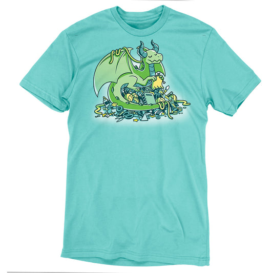 Light turquoise T-shirt made from super soft ringspun cotton, featuring a cartoon dragon sitting on a pile of shiny coins and gemstones, with melted gold dripping from its wings and horns—a perfect fit for any craft hoarder. Introducing the Craft Hoarder by monsterdigital.