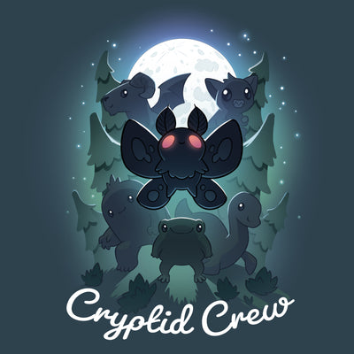 Premium Cotton T-shirt_TeeTurtle Cryptid Crew denim blue t-shirt featuring a whimsical illustration of six cartoon cryptids, including a mothman and a jackalope, in a forest with a full moon in the background. Text at the bottom reads "Cryptid Crew."