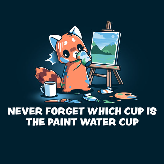 A cartoon of a small creature mistakenly drinking from a cup of paint water, next to an easel with a painting and art supplies, wearing a Navy Blue T-shirt made from 100% Super Soft Ringspun Cotton, with the text, 
