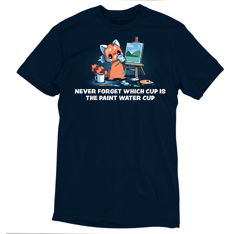 Premium Cotton T-shirt_TeeTurtle Don’t Drink the Paint Water navy blue t-shirt featuring a red panda that’s painting a picture and taking a sip of paint water and looking at the mug of coffee on the floor.