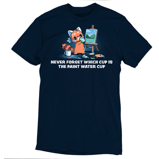 A unisex tee in navy blue featuring a cartoon fox painting at an easel with the text 