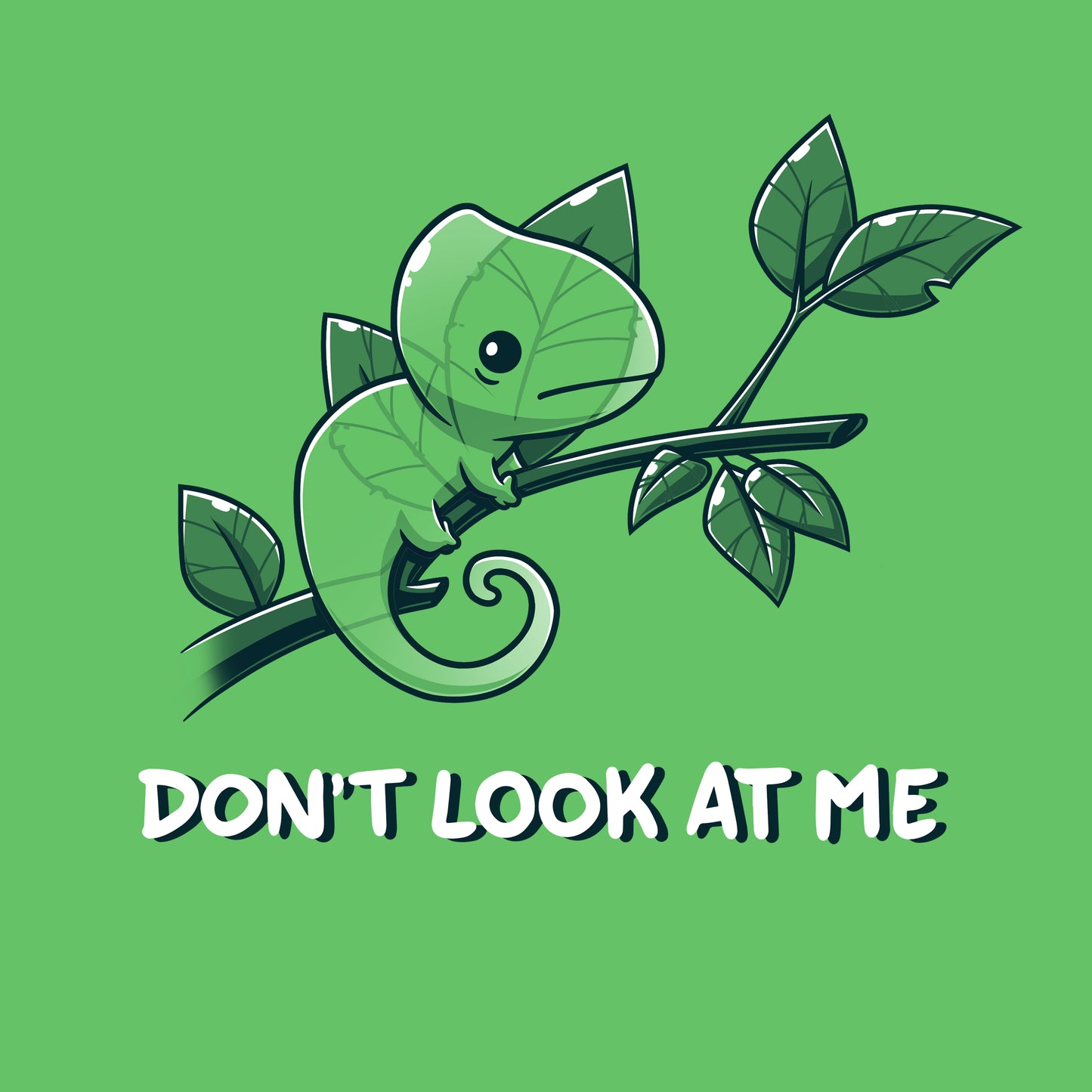 Premium Cotton T-shirt_Teeturtle Don't Look At Me Apple Green Featuring a little cartoon Chameleon trying to cloak itself against leaves while on a branch with 'Don't look at me.' written underneath the image.