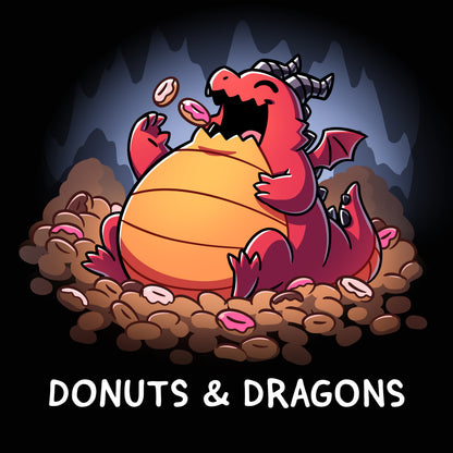 Premium Cotton T-shirt_TeeTurtle black Donuts & Dragons apparel featuring a rotund dragon eating donuts on a pile of donuts inside a cave.