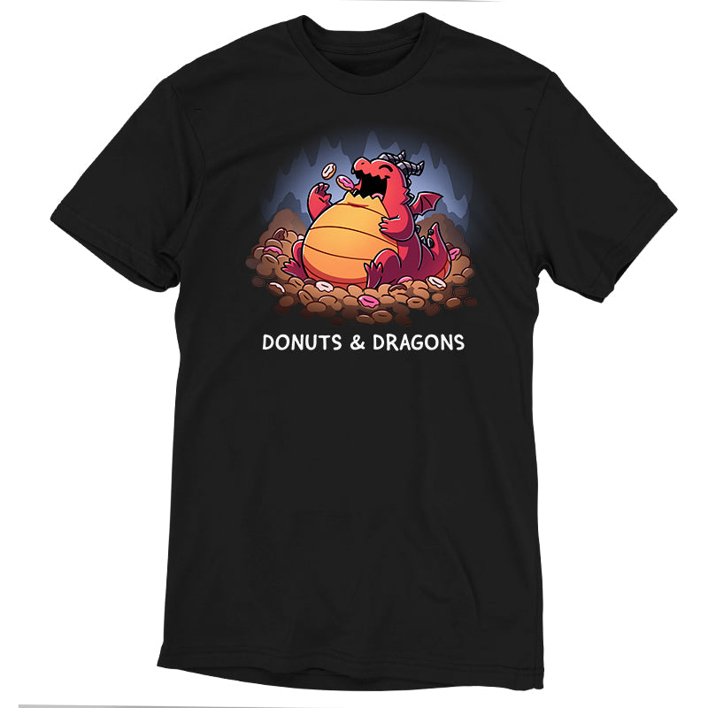 Premium Cotton T-shirt_TeeTurtle black Donuts & Dragons apparel featuring a rotund dragon eating donuts on a pile of donuts inside a cave.