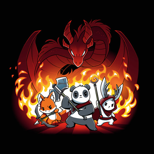 A panda warrior, an archer fox, and a winged cat stand ready for battle in front of a fire-breathing red dragon, with flames in the background on this super soft ringspun cotton black tee. Perfect for anyone who loves a good Dragon Fight t-shirt from monsterdigital.