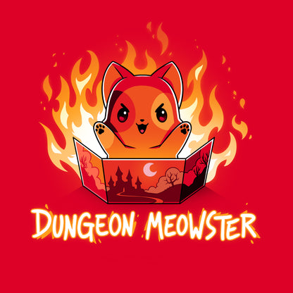 Premium Cotton T-shirt_TeeTurtle Dungeon Meowster garnet red t-shirt featuring a cartoon red cat surrounded by flames with an evil look on its face  holding a book that has a castle, moon and trees on the cover with Dungeon Meowster written underneath. 