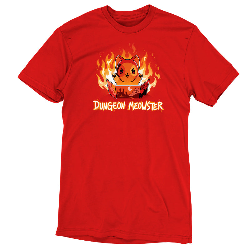 Premium Cotton T-shirt_TeeTurtle Dungeon Meowster garnet red t-shirt featuring a cartoon red cat surrounded by flames with an evil look on its face  holding a book that has a castle, moon and trees on the cover with Dungeon Meowster written underneath. 