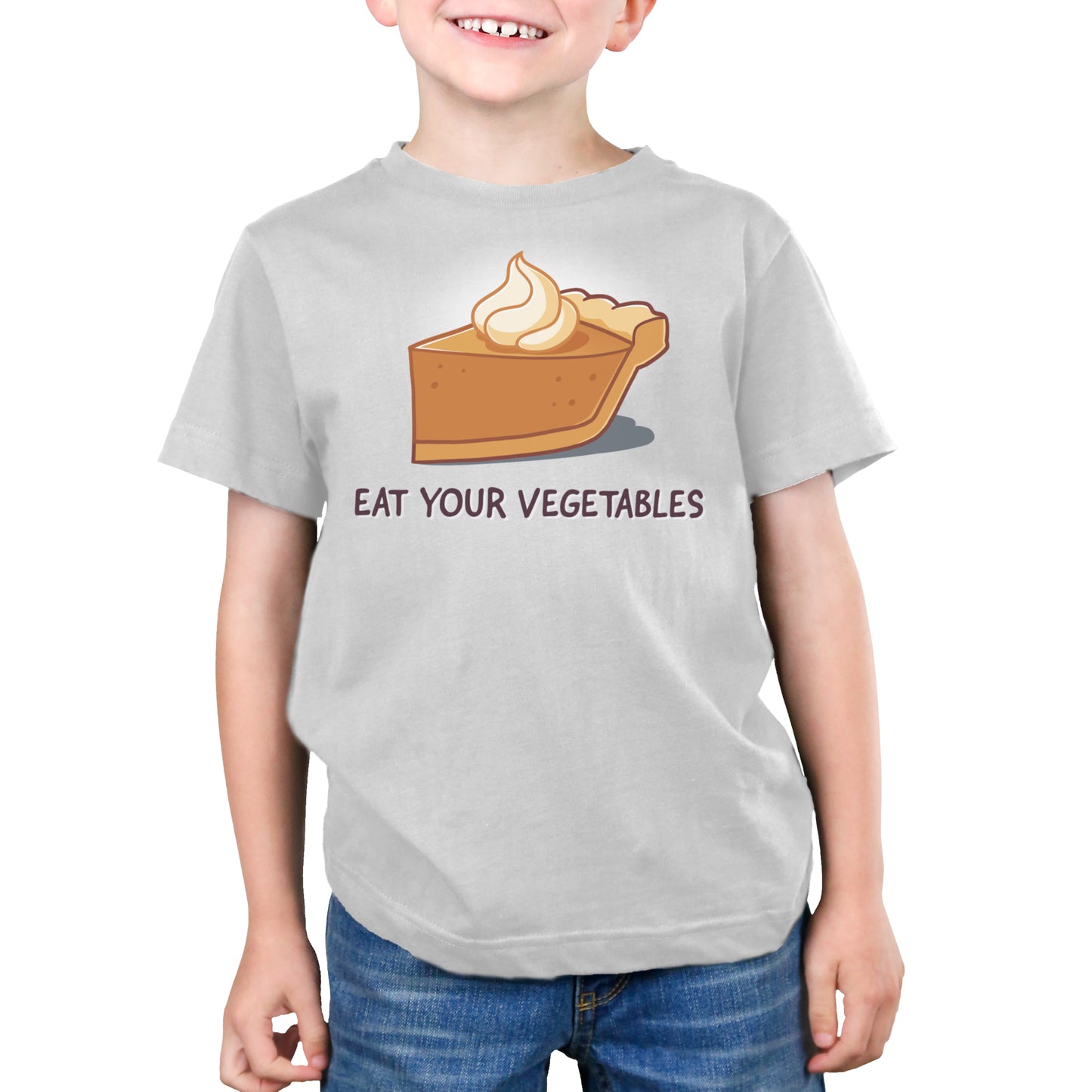 Premium Cotton T-shirt_TeeTurtle silver gray Eat Your Vegetables apparel featuring a slice of pumpkin pie with whipped cream on top, and the caption, “Eat Your Vegetables“.