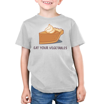 Premium Cotton T-shirt_TeeTurtle silver gray Eat Your Vegetables apparel featuring a slice of pumpkin pie with whipped cream on top, and the caption, “Eat Your Vegetables“.