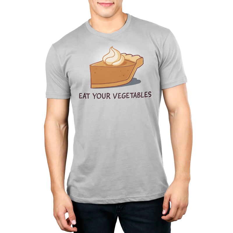 Premium Cotton T-shirt_TeeTurtle silver gray Eat Your Vegetables apparel featuring a slice of pumpkin pie with whipped cream on top, and the caption, “Eat Your Vegetables“.