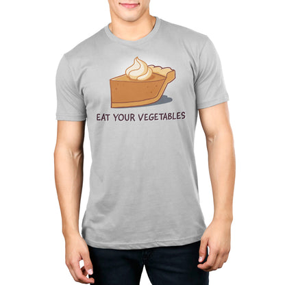 Premium Cotton T-shirt_TeeTurtle silver gray Eat Your Vegetables apparel featuring a slice of pumpkin pie with whipped cream on top, and the caption, “Eat Your Vegetables“.
