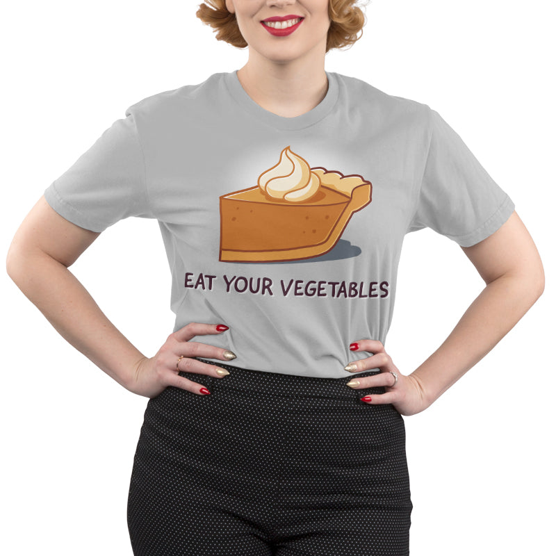 Premium Cotton T-shirt_TeeTurtle silver gray Eat Your Vegetables apparel featuring a slice of pumpkin pie with whipped cream on top, and the caption, “Eat Your Vegetables“.
