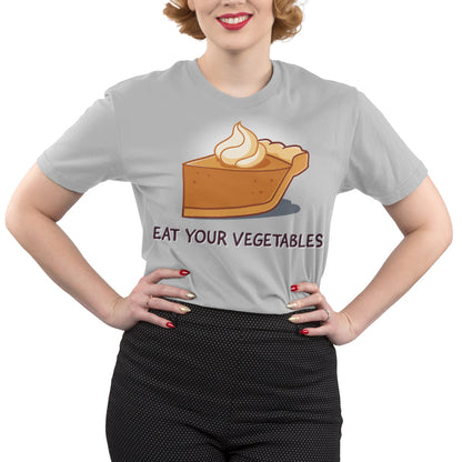 Premium Cotton T-shirt_TeeTurtle silver gray Eat Your Vegetables apparel featuring a slice of pumpkin pie with whipped cream on top, and the caption, “Eat Your Vegetables“.