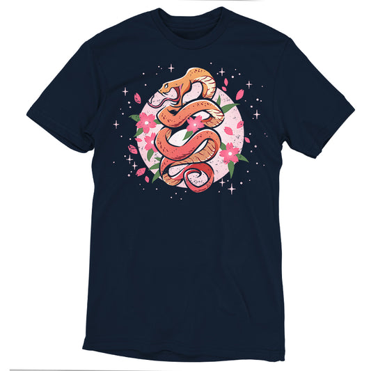 Premium Cotton T-shirt_TeeTurtle navy blue Enchanting Snake apparel featuring an orange snake coiling upwards with pink flowers and petals surrounding it.