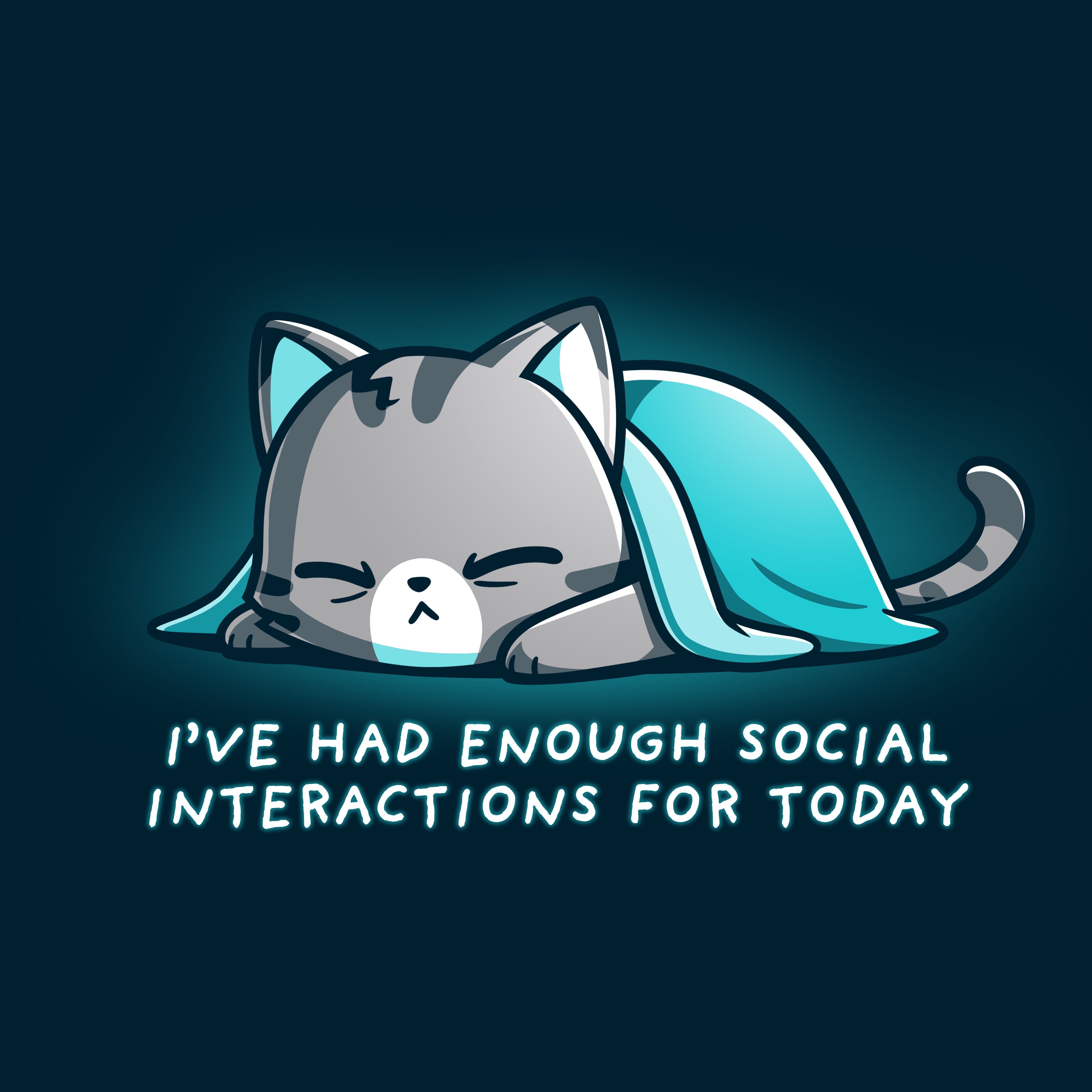 Premium Cotton T-shirt_TeeTurtle Enough Social Interactions Navy Blue t-shirt featuring a cat under a blue blanket.