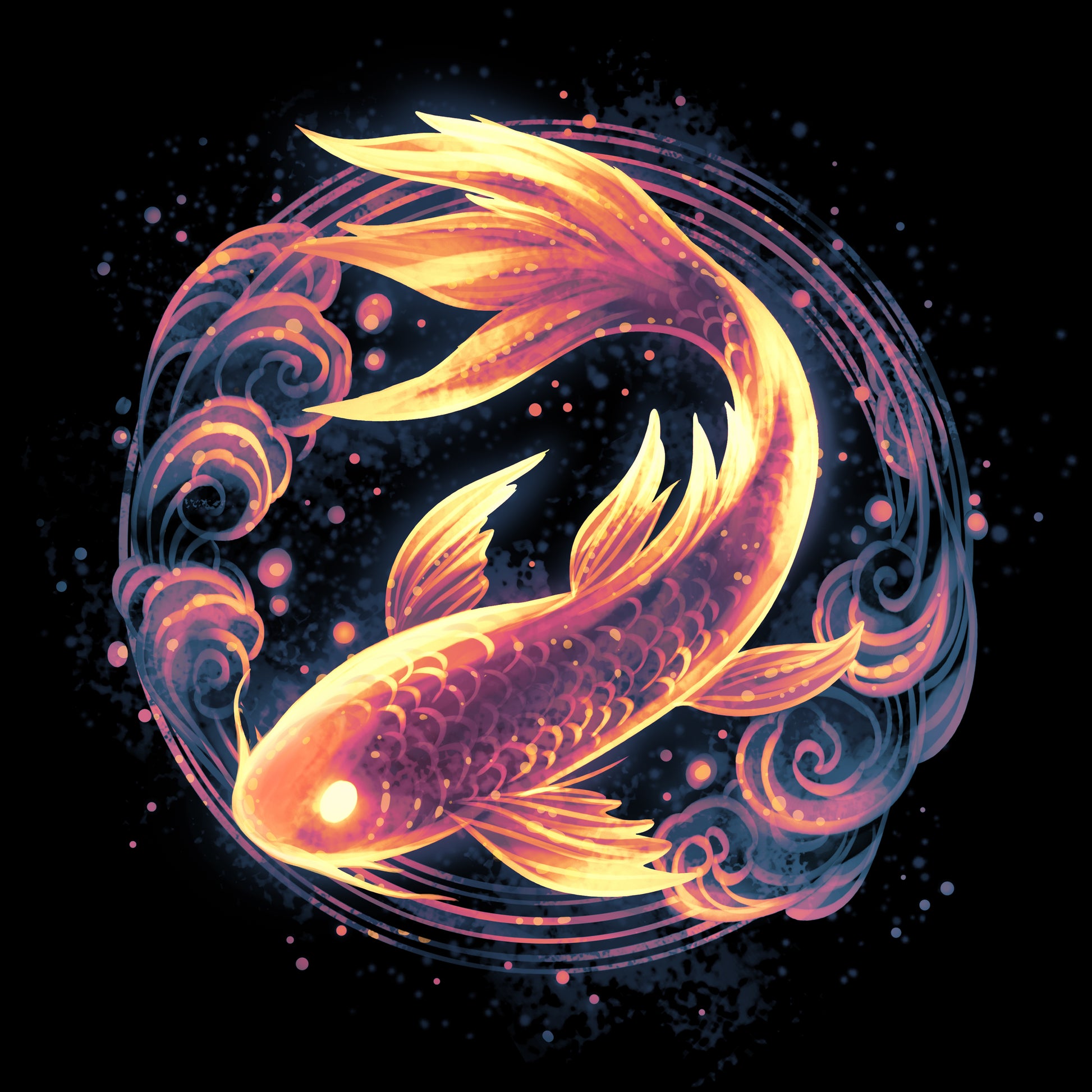 Premium Cotton T-shirt_TeeTurtle black Ethereal Koi apparel featuring a bronze koi with gold highlights framed by a circle with cloud elements.