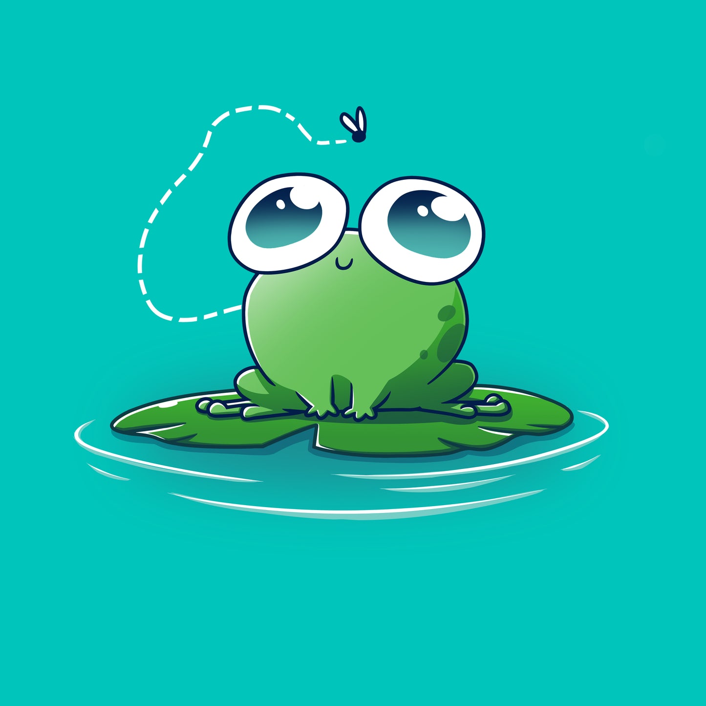 Premium Cotton T-shirt - A cartoon frog with large eyes sits on a lily pad, wearing a Caribbean blue apparel that reads "Eyes On the Prize" by monsterdigital, while looking at a small fly buzzing above it. The background is teal.