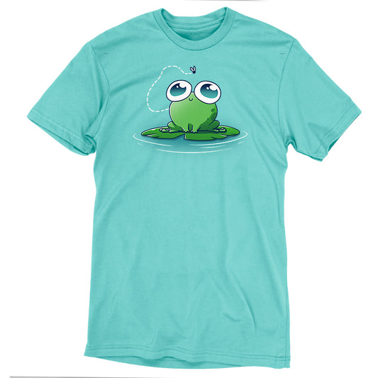 A super soft ringspun cotton t-shirt in caribbean blue, featuring a cartoon frog sitting on a lily pad and looking up at a small flying insect. This is the 