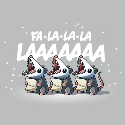 Premium Cotton T-shirt_TeeTurtle silver gray Fa La-La-La LAAAAAAA apparel featuring three opossums holding sheets of paper singing Fa La-La-La LAAAAAAA.