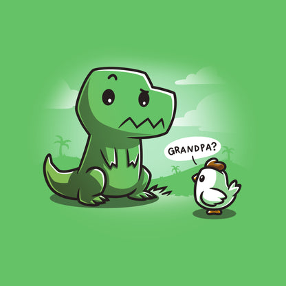 Cartoon of a small dinosaur with a puzzled expression sitting in front of a baby chick wearing a hat, asking "Grandpa?" on a green background with faint scenery. Printed on an unisex tee made from super soft ringspun cotton, the Family Reunion by monsterdigital.