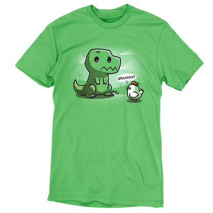 Green unisex tee, the Family Reunion by monsterdigital, featuring a cartoon dinosaur sitting next to a chick, with the chick saying "Grandpa?". Made from super soft ringspun cotton for ultimate comfort.