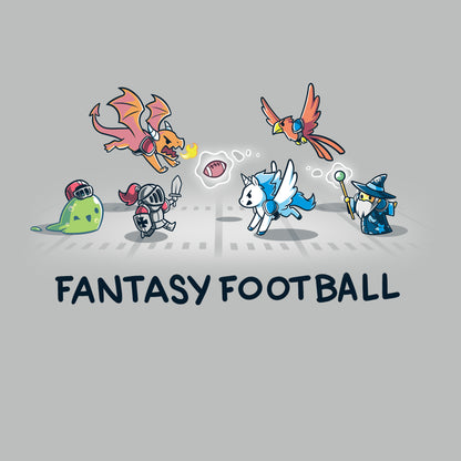Illustration of fantasy creatures, including a dragon, knight, unicorn, bird, and wizard, playing football with the text "Fantasy Football" below them on a Fantasy Football by monsterdigital Super Soft Ringspun Unisex Cotton Tee.