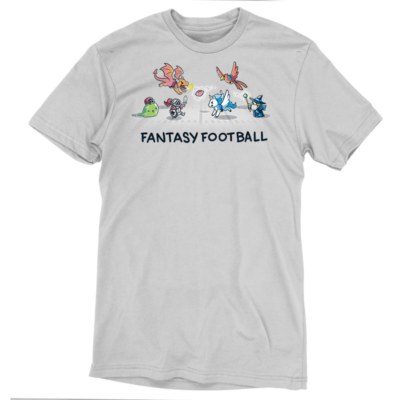 A gray, super soft ringspun t-shirt featuring whimsical illustrations of various mythical creatures playing football. The text "FANTASY FOOTBALL" is printed below the illustrations. This unisex cotton tee promises comfort with a playful twist. The Fantasy Football by monsterdigital offers both style and comfort for all fans of the fantastical and sporty blend.