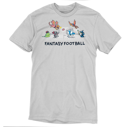 A gray, super soft ringspun t-shirt featuring whimsical illustrations of various mythical creatures playing football. The text 