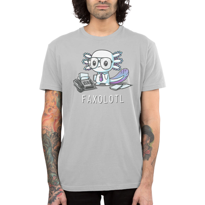 Premium Cotton T-shirt_TeeTurtle Faxolotl silver gray t-shirt featuring an office worker axolotl wearing glasses standing next to a fax machine with a pun underneath.
