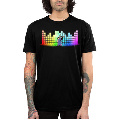 Premium Cotton T-shirt_TeeTurtle black Feel the Music featuring a bunny with a headset dancing with a rainbow equalizer bar in the background.